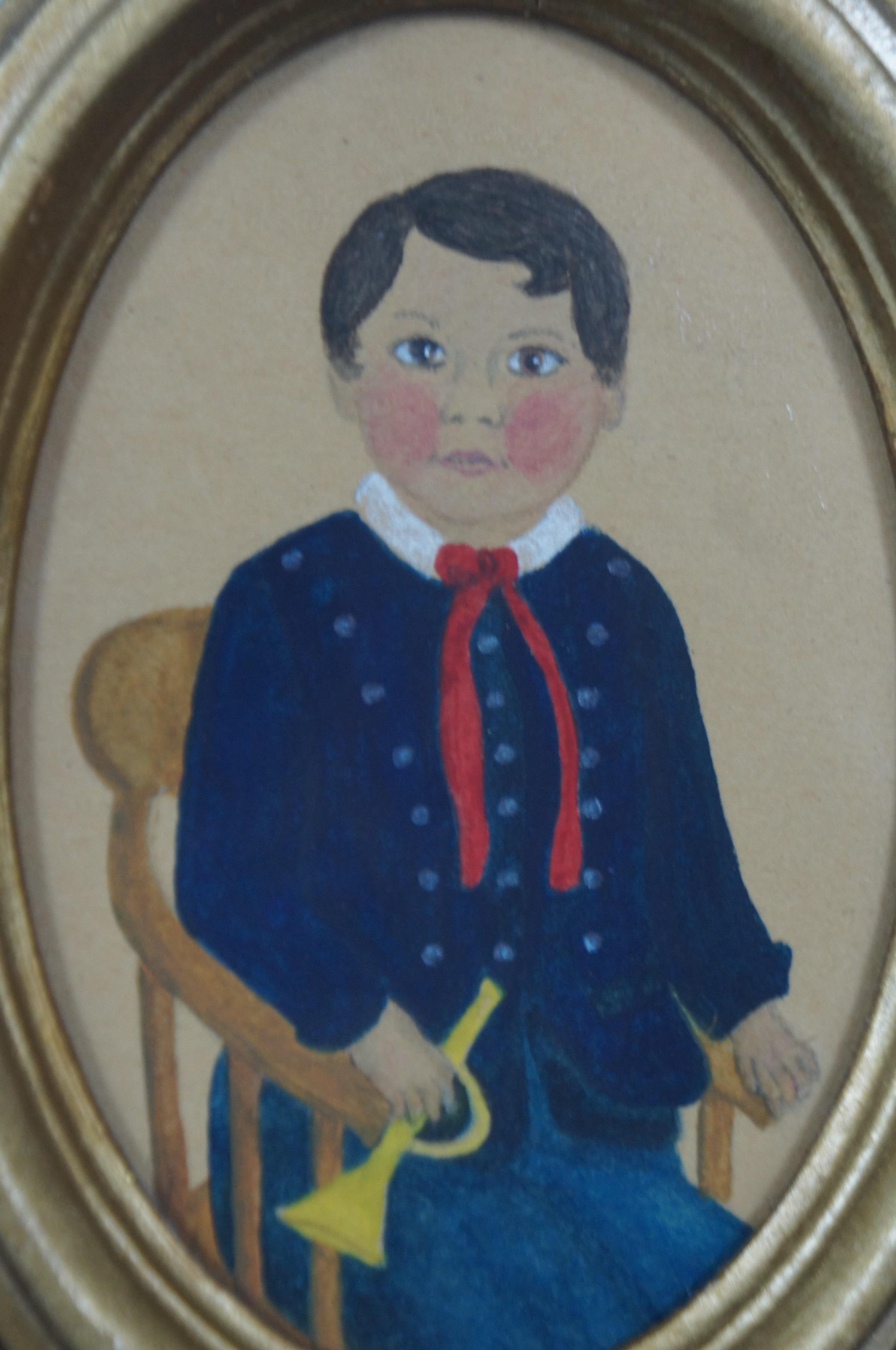 Antique Victorian P. Hackett Americana Watercolor Painting School Boy with Horn In Good Condition For Sale In Dayton, OH