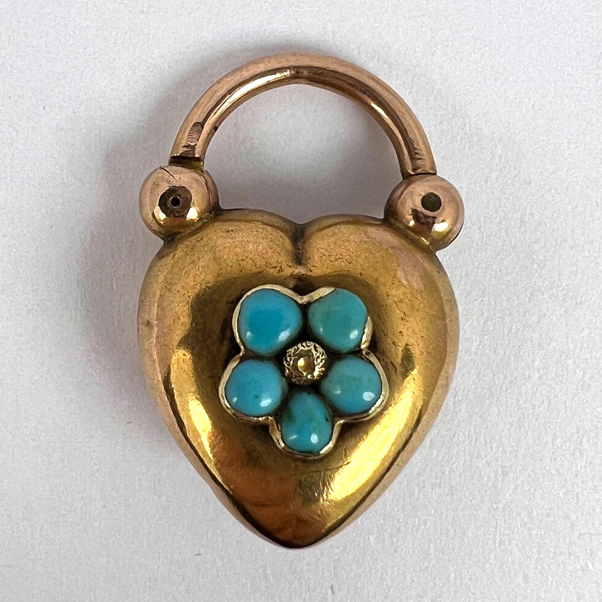 Antique Victorian Padlock Heart Turquoise Yellow Gold Mourning Locket Pendant For Sale 2