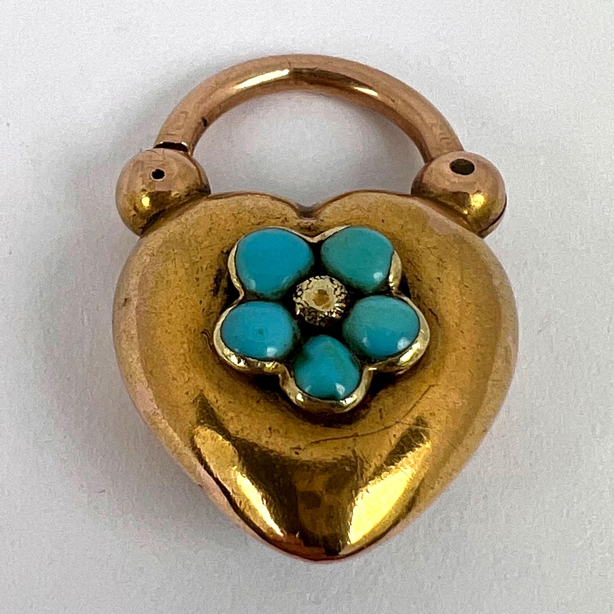 Antique Victorian Padlock Heart Turquoise Yellow Gold Mourning Locket Pendant For Sale 3