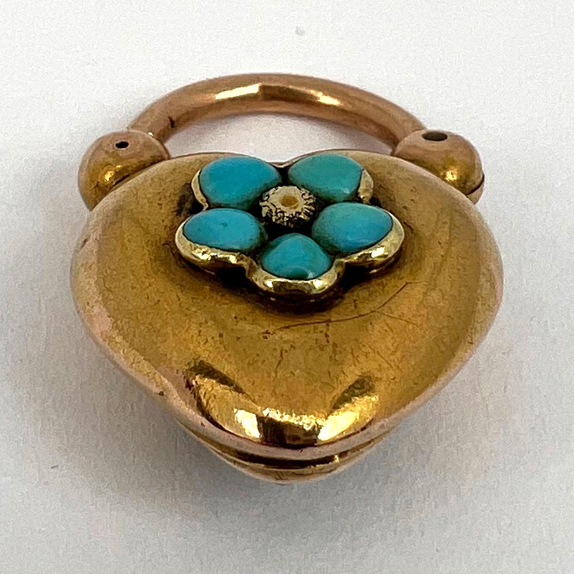 Antique Victorian Padlock Heart Turquoise Yellow Gold Mourning Locket Pendant For Sale 4