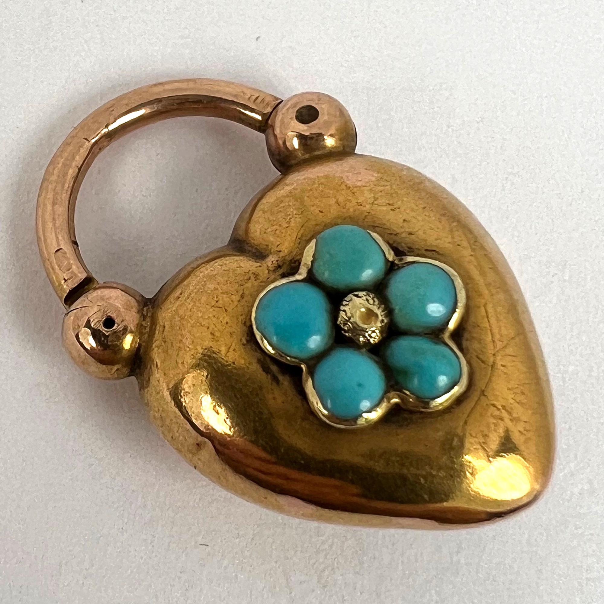 Antique Victorian Padlock Heart Turquoise Yellow Gold Mourning Locket Pendant For Sale 6