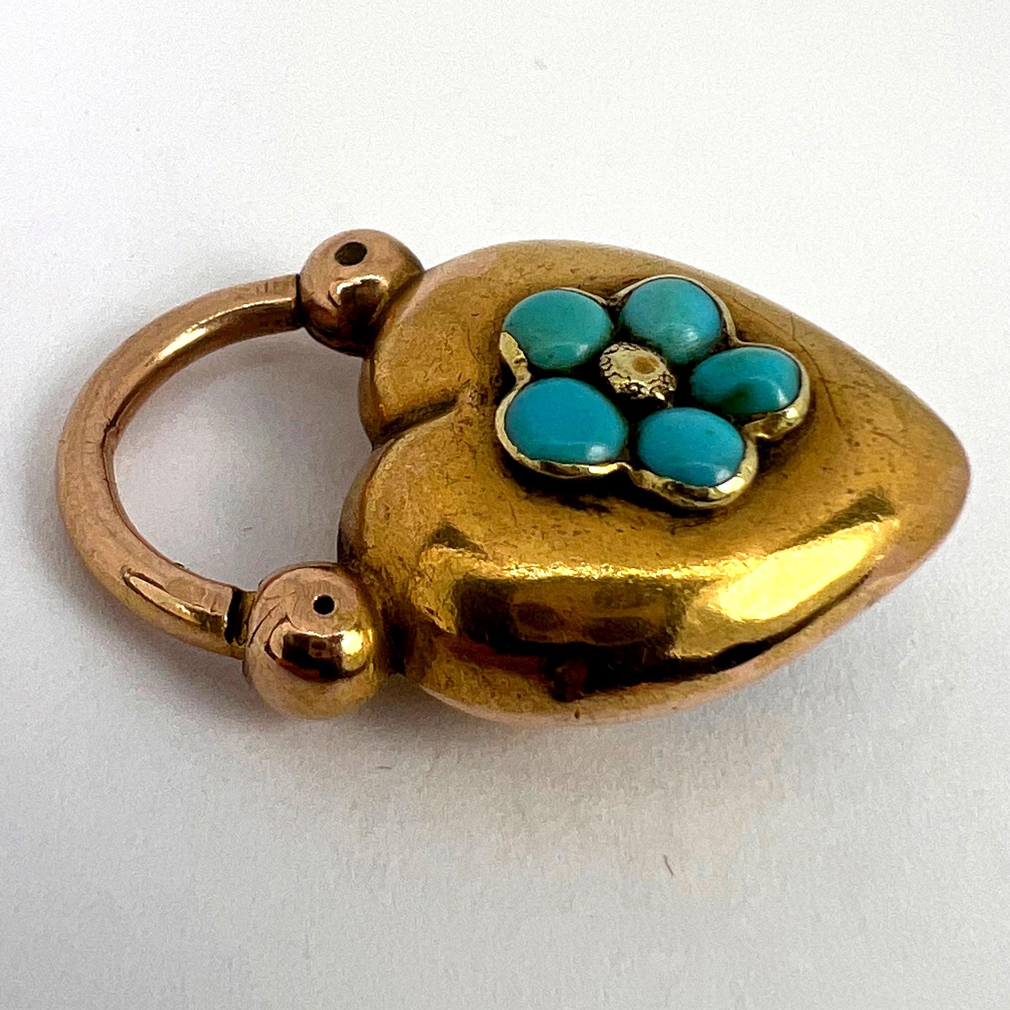 Antique Victorian Padlock Heart Turquoise Yellow Gold Mourning Locket Pendant For Sale 7
