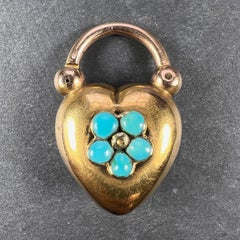 Antique Victorian Padlock Heart Turquoise Yellow Gold Mourning Locket Pendant