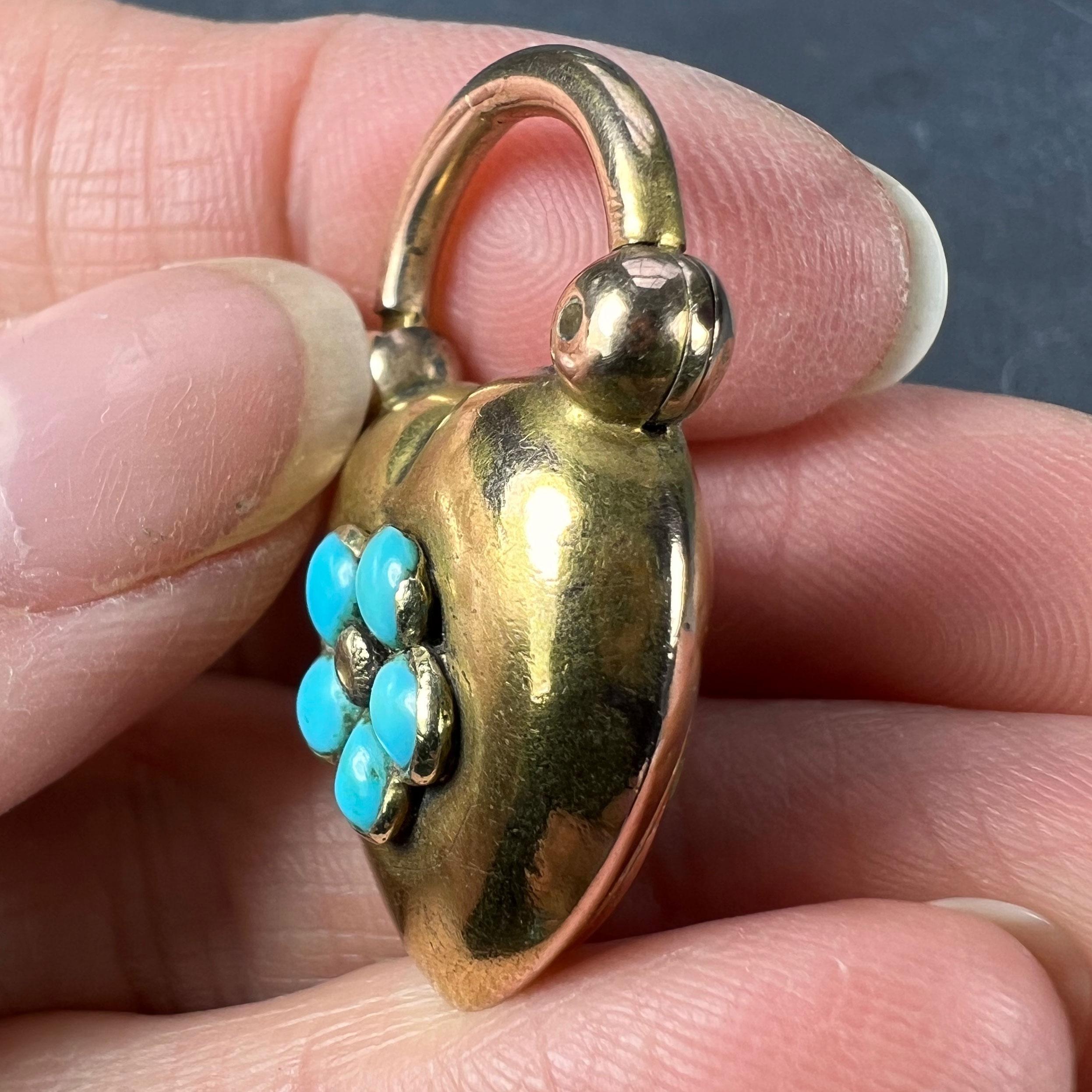 Cabochon Antique Victorian Padlock Heart Turquoise Yellow Gold Mourning Locket Pendant For Sale