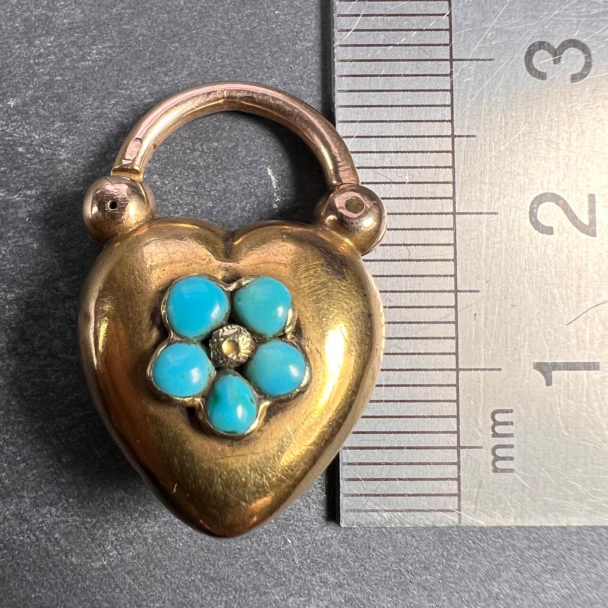 Women's Antique Victorian Padlock Heart Turquoise Yellow Gold Mourning Locket Pendant For Sale