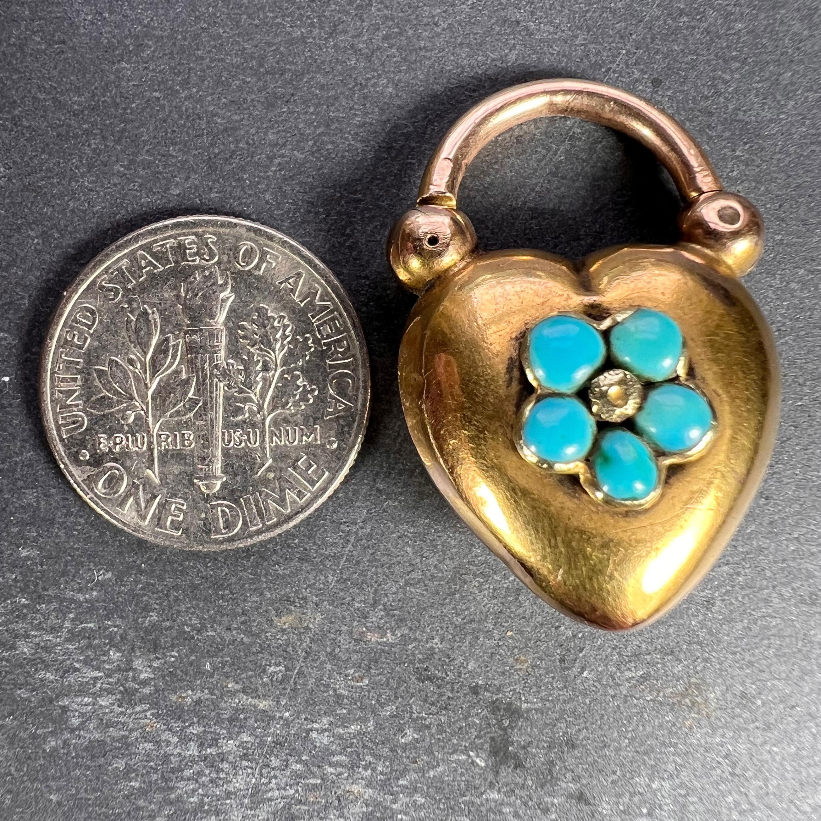 Antique Victorian Padlock Heart Turquoise Yellow Gold Mourning Locket Pendant For Sale 1