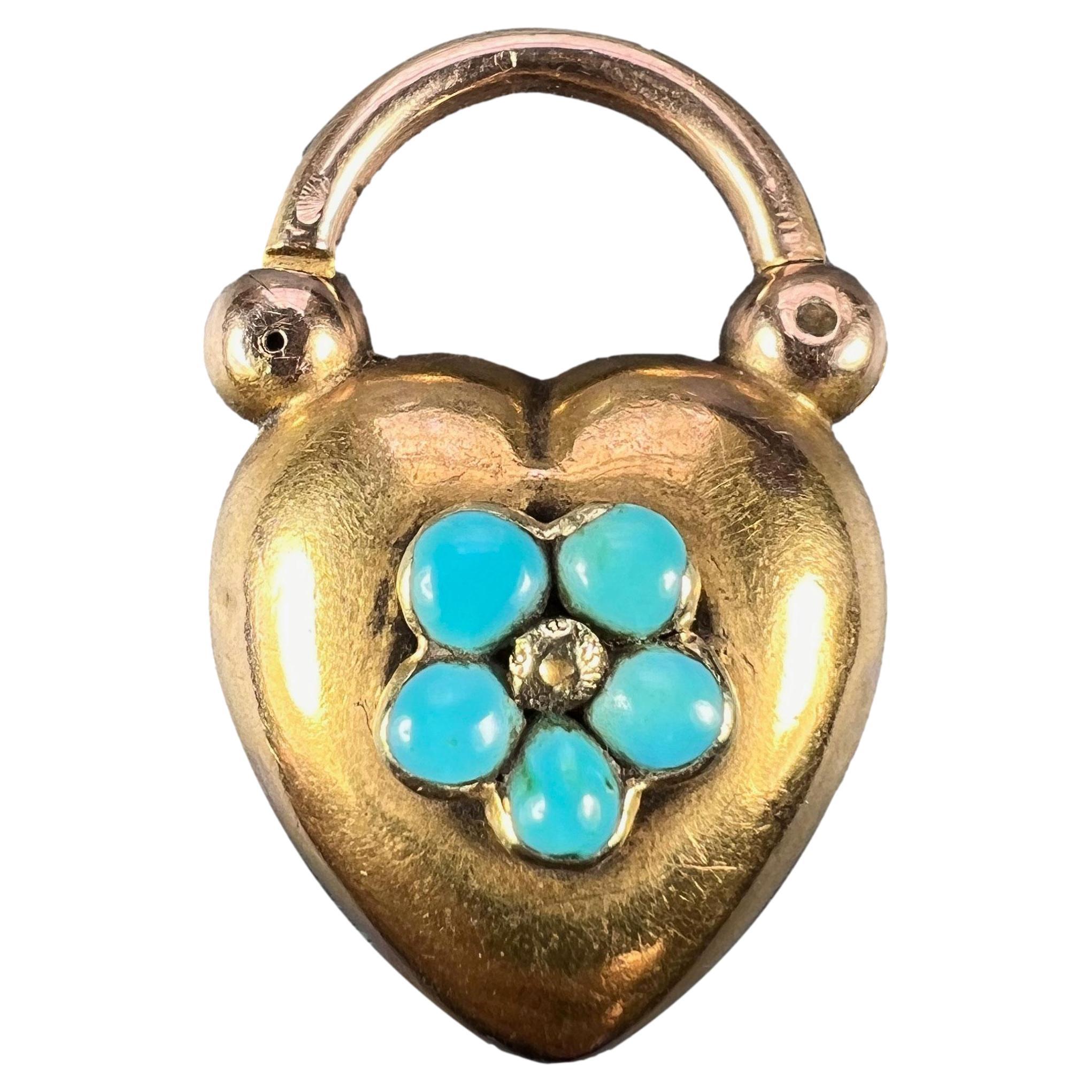 Antique Victorian Padlock Heart Turquoise Yellow Gold Mourning Locket Pendant For Sale