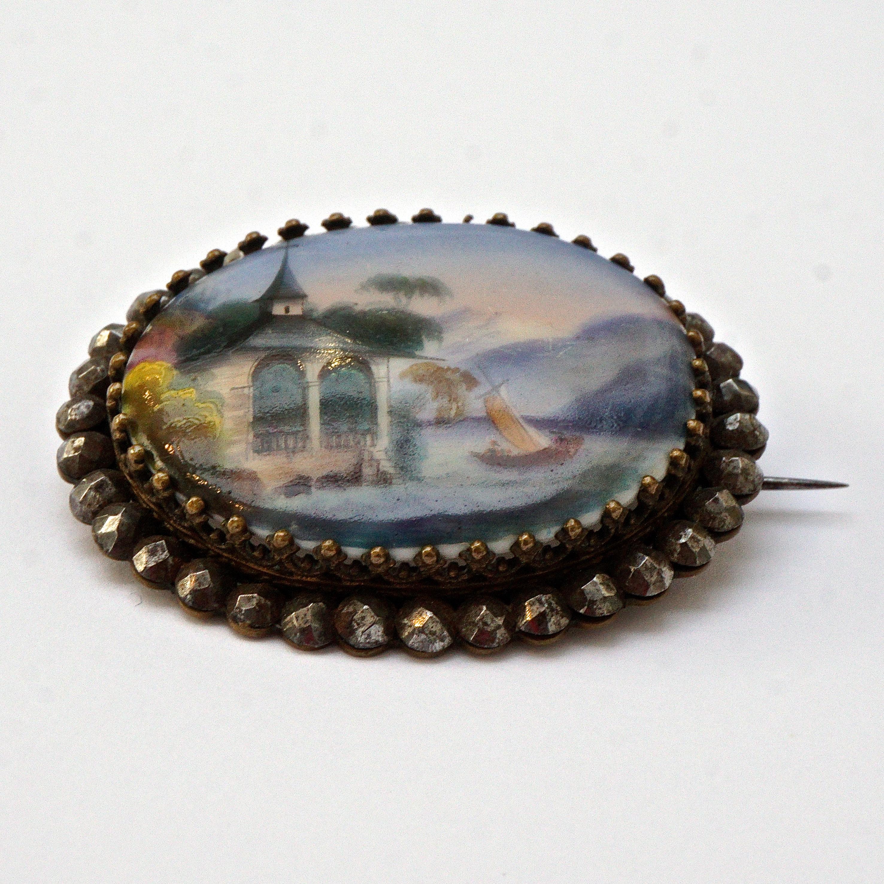 Antique Victorian Painted Porcelain and Cut Steel Brooch mid 19th Century In Good Condition For Sale In London, GB