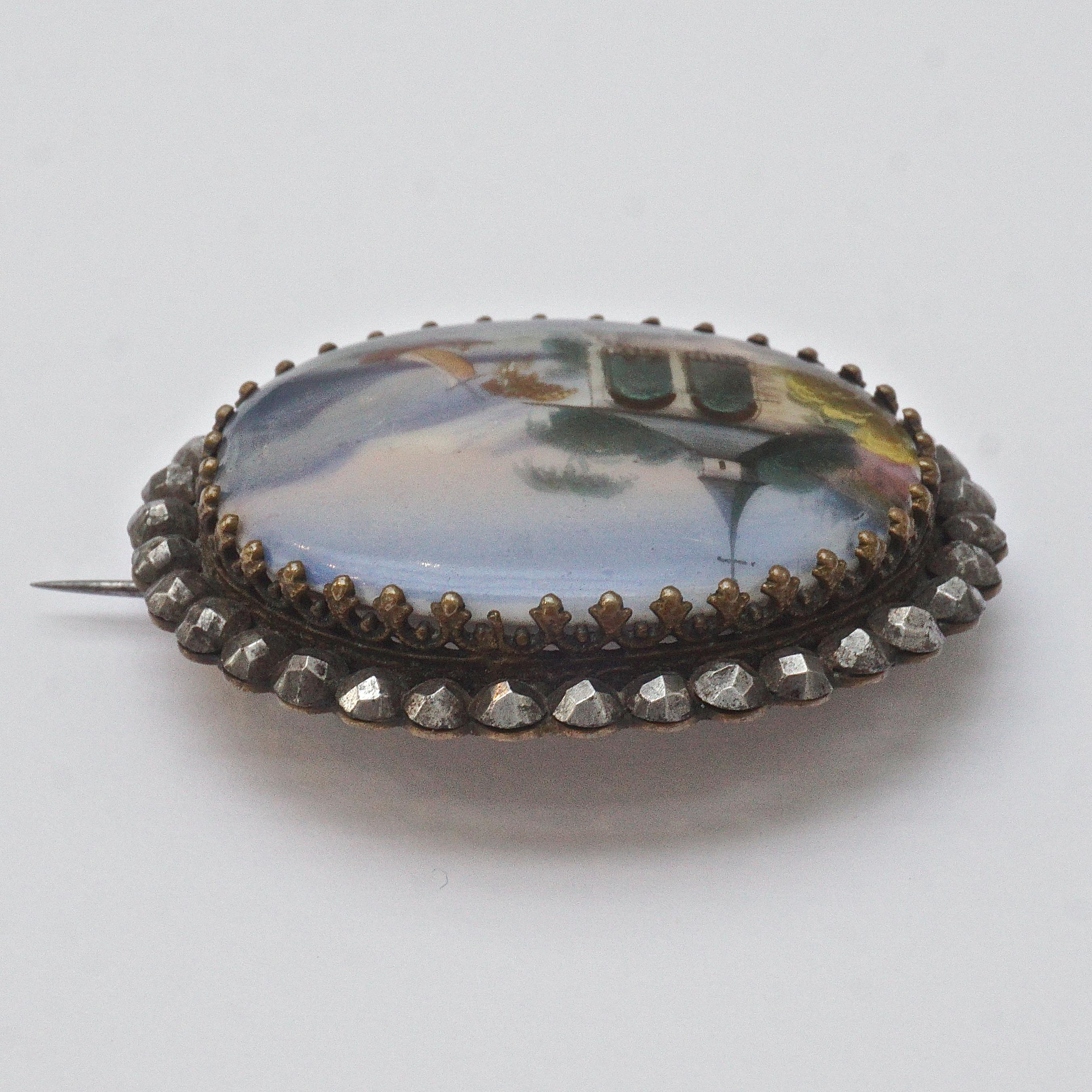 Antique Victorian Painted Porcelain and Cut Steel Brooch mid 19th Century For Sale 1