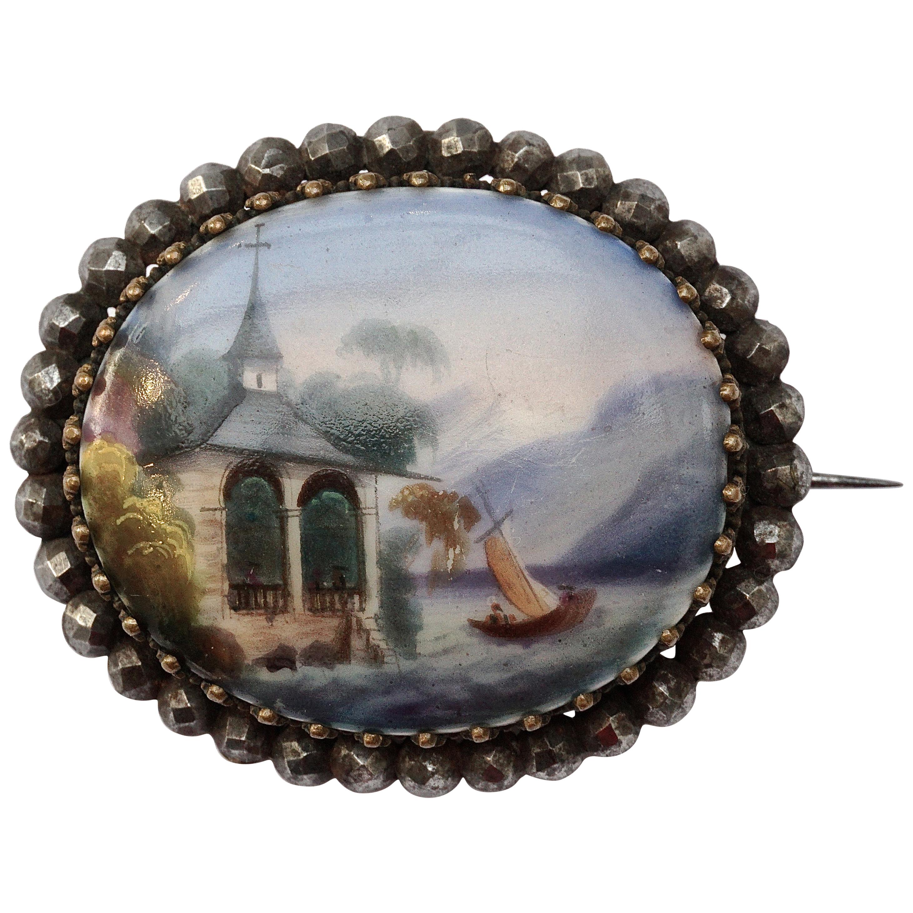 Antique Victorian Painted Porcelain and Cut Steel Brooch mid 19th Century For Sale