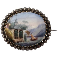 Antique Victorian Painted Porcelain and Cut Steel Brooch mid 19th Century