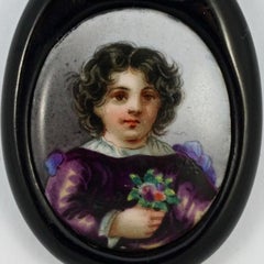 Antique Victorian Painted Porcelain Portrait Whitby Jet Pendant Bow Brooch