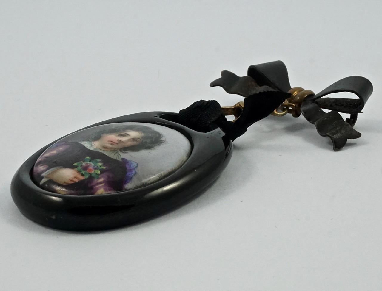 Women's or Men's Antique Victorian Painted Porcelain Portrait Whitby Jet Pendant Bow Brooch For Sale
