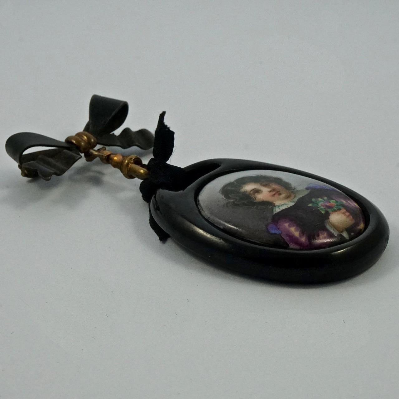 Antique Victorian Painted Porcelain Portrait Whitby Jet Pendant Bow Brooch For Sale 1