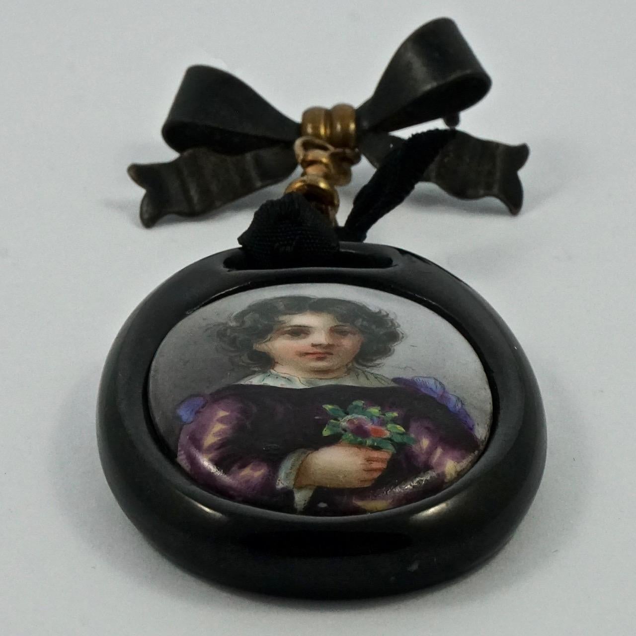 Antique Victorian Painted Porcelain Portrait Whitby Jet Pendant Bow Brooch For Sale 2