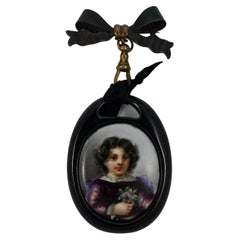 Antique Victorian Painted Porcelain Portrait Whitby Jet Pendant Bow Brooch