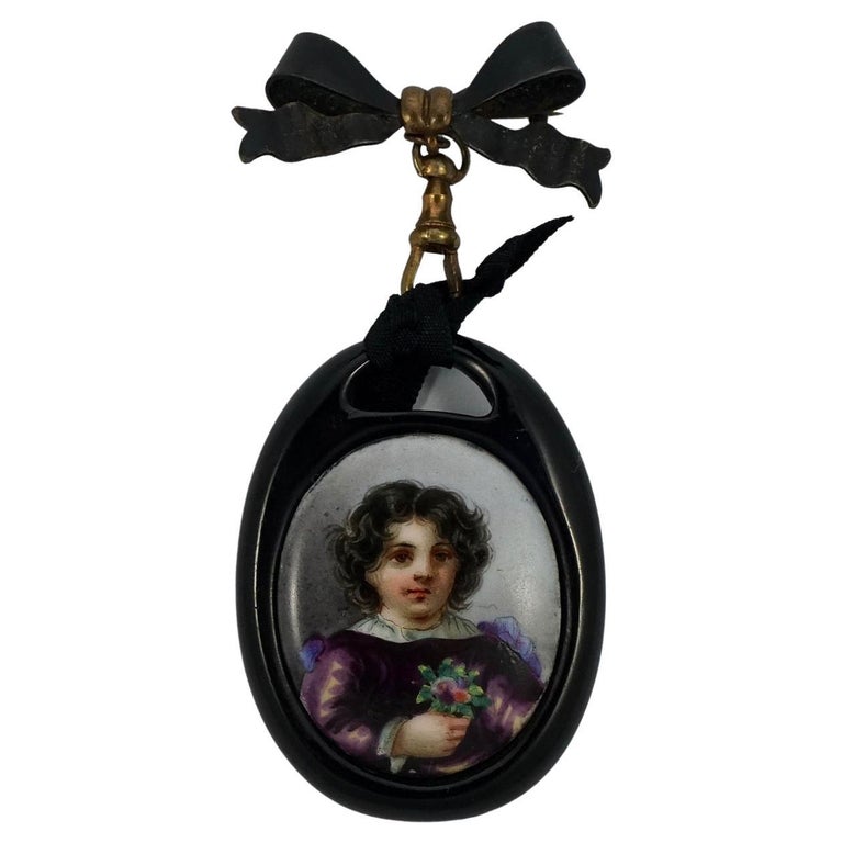 Antique Victorian Painted Porcelain Portrait Whitby Jet Pendant