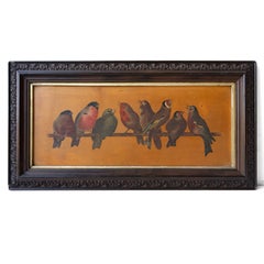 Antique Victorian Painting Of Garden Birds, Original Naive School Oil, 19th C.