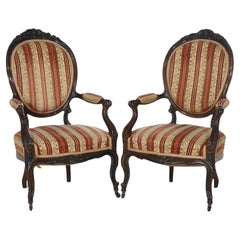 Antique Victorian Pair French Style Carved Rosewood Arm Chairs Circa 1890