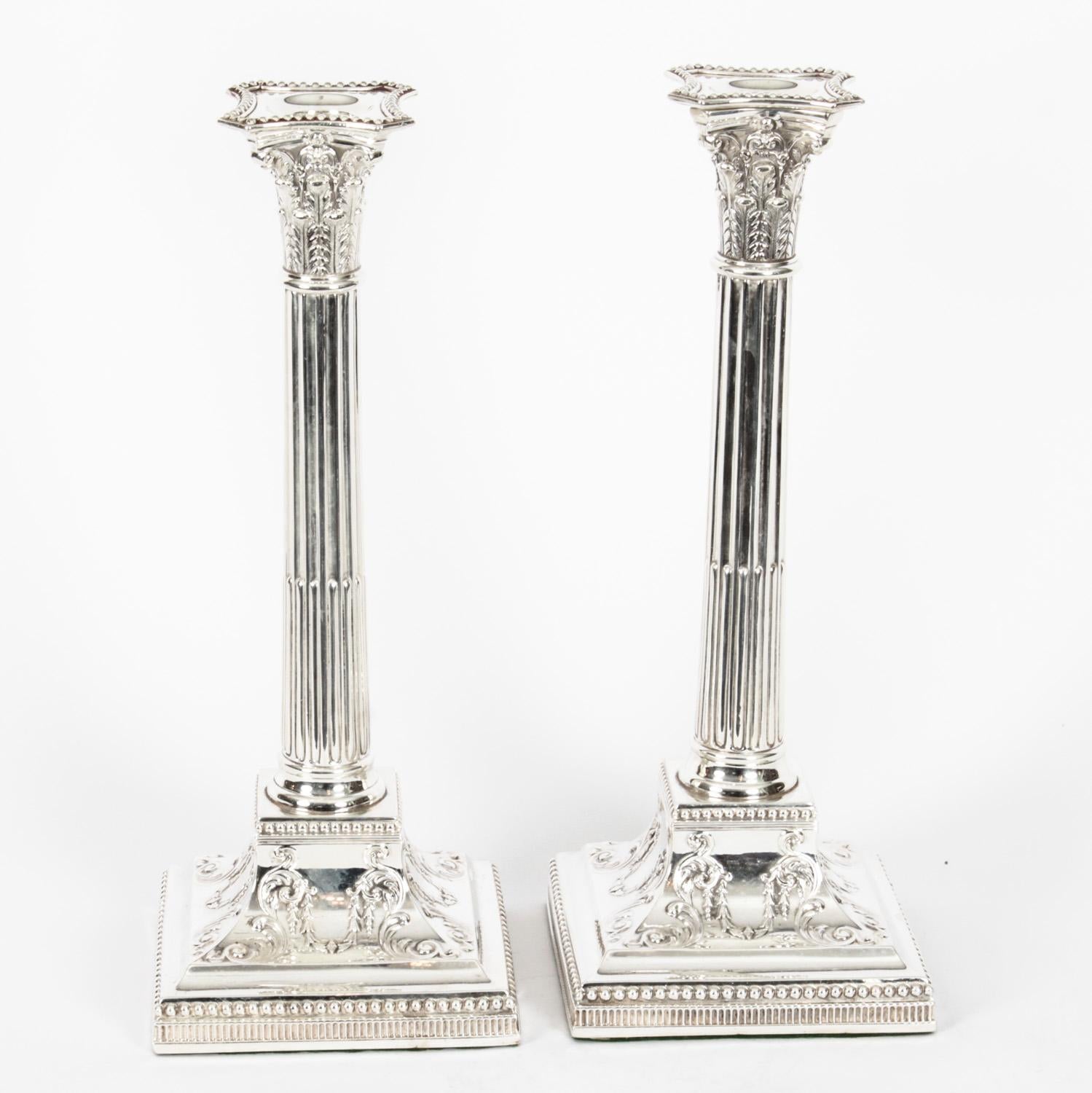 Antique Victorian Pair Neo-classical Silver Plated Candlesticks Late 19th C 9
