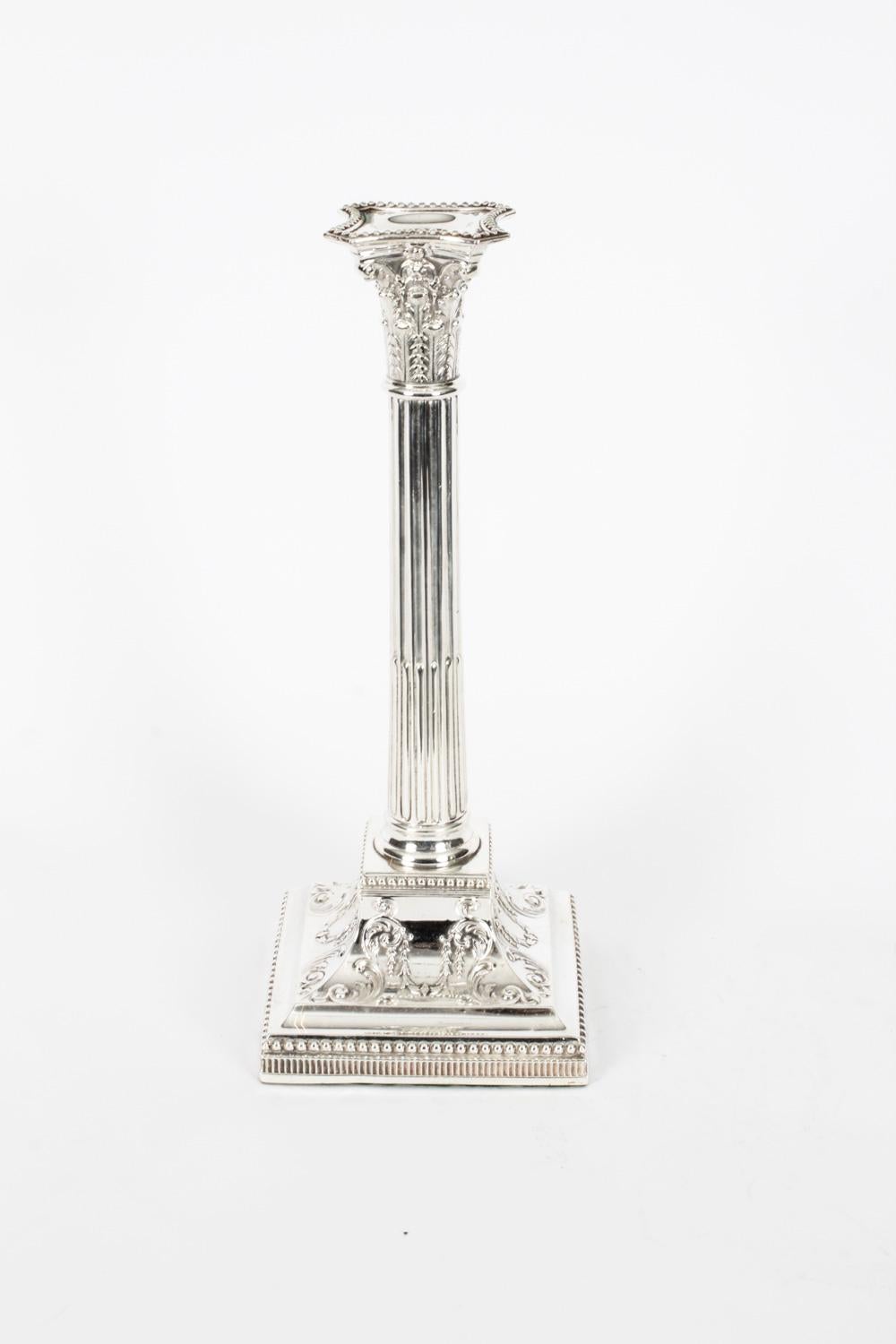 English Antique Victorian Pair Neo-classical Silver Plated Candlesticks Late 19th C