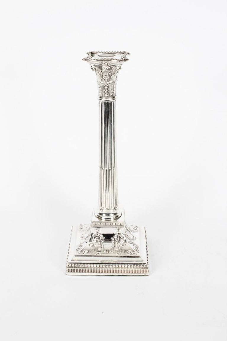 English Antique Victorian Pair Neo-classical Silver Plated Candlesticks Late 19th C For Sale