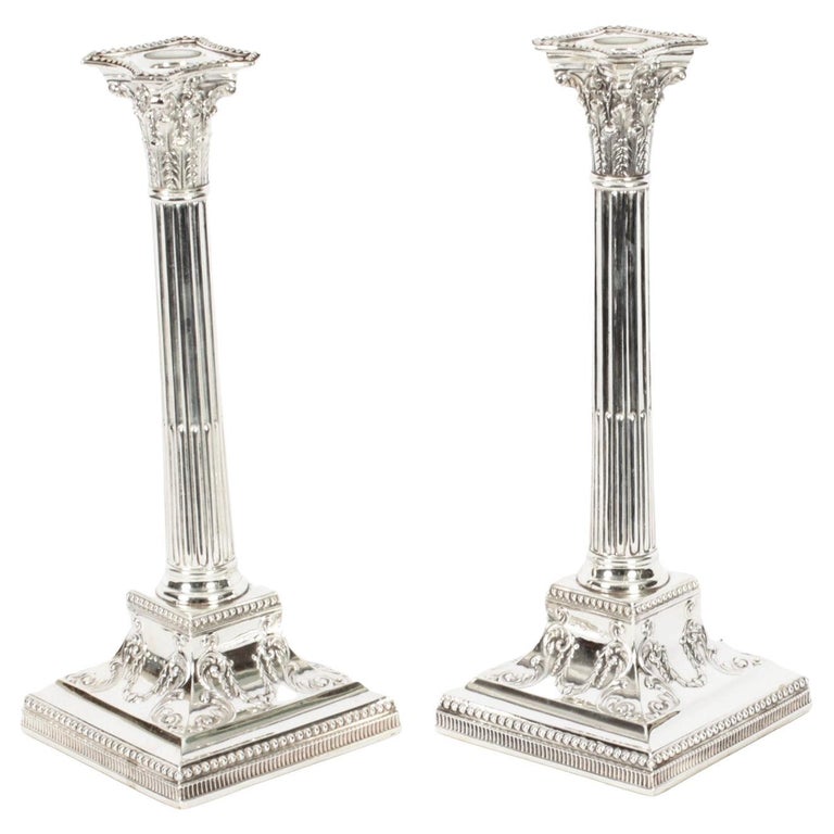 Antique Victorian Pair Neo-classical Silver Plated Candlesticks Late 19th C For Sale
