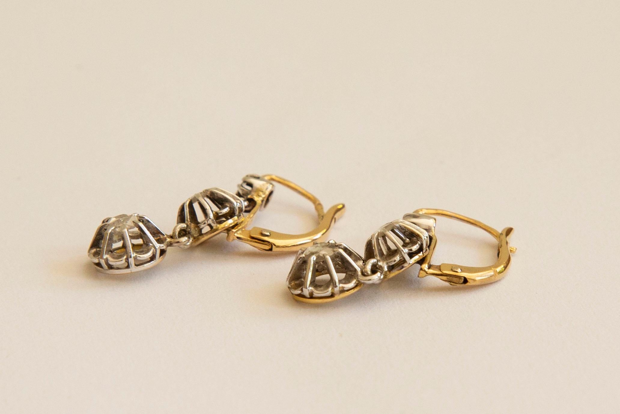 Women's or Men's Antique Victorian Pair of 14 Karat Gold Drop Earrings with Rose Cut Diamonds For Sale