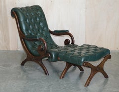 Antique Victorian Pair of Chesterfield Leather Library Armchairs & Footstools