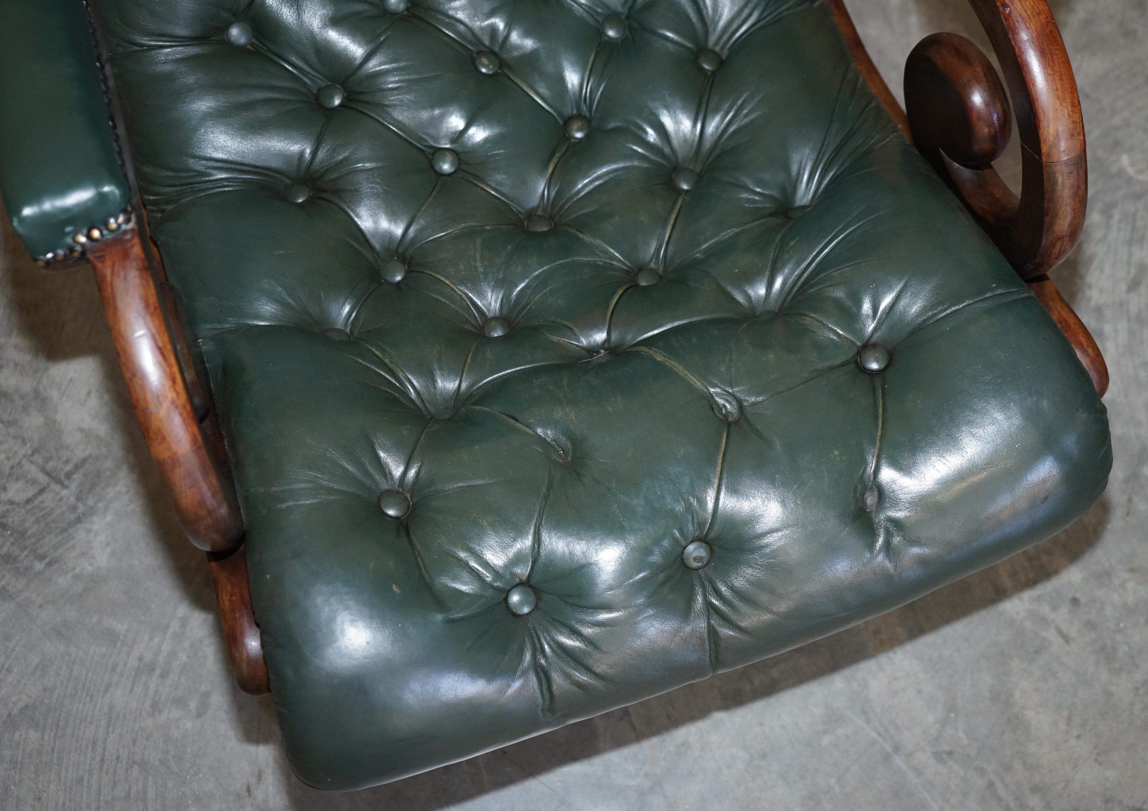 Antique Victorian Pair of Chesterfield Leather Library Armchairs & Footstools 1
