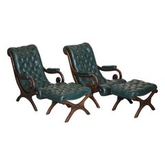 Antique Victorian Pair of Chesterfield Leather Library Armchairs & Footstools