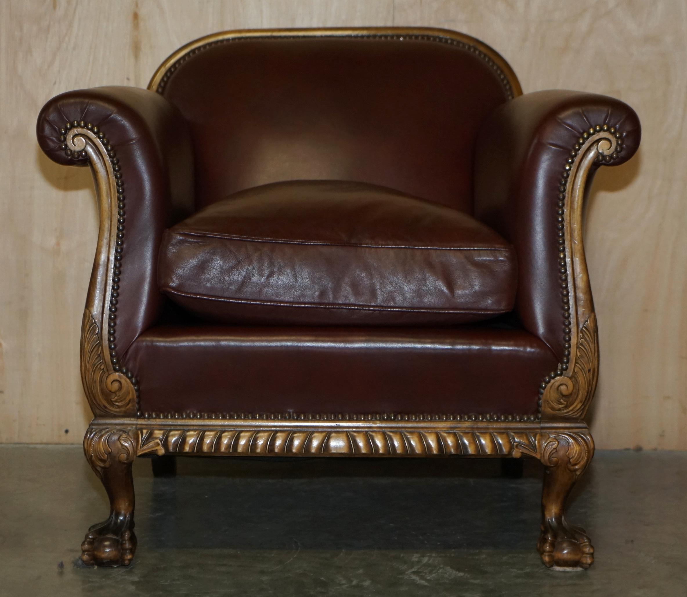 High Victorian Antique Victorian Pair of Claw & Ball Feet Brown Leather Walnut Club Armchairs For Sale