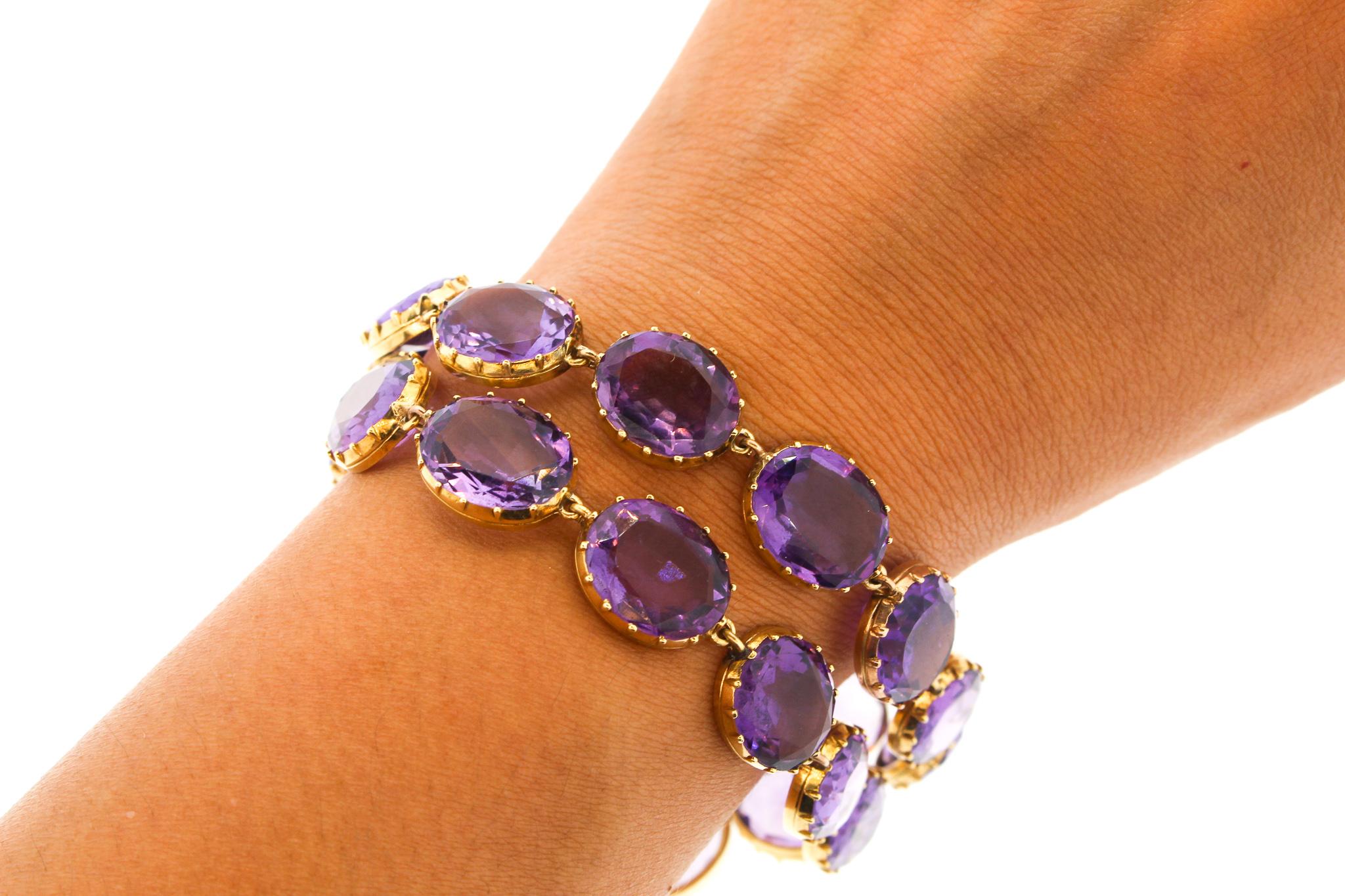 Late Victorian Antique Victorian Pair of Collet Set of Oval Amethyst Bracelets