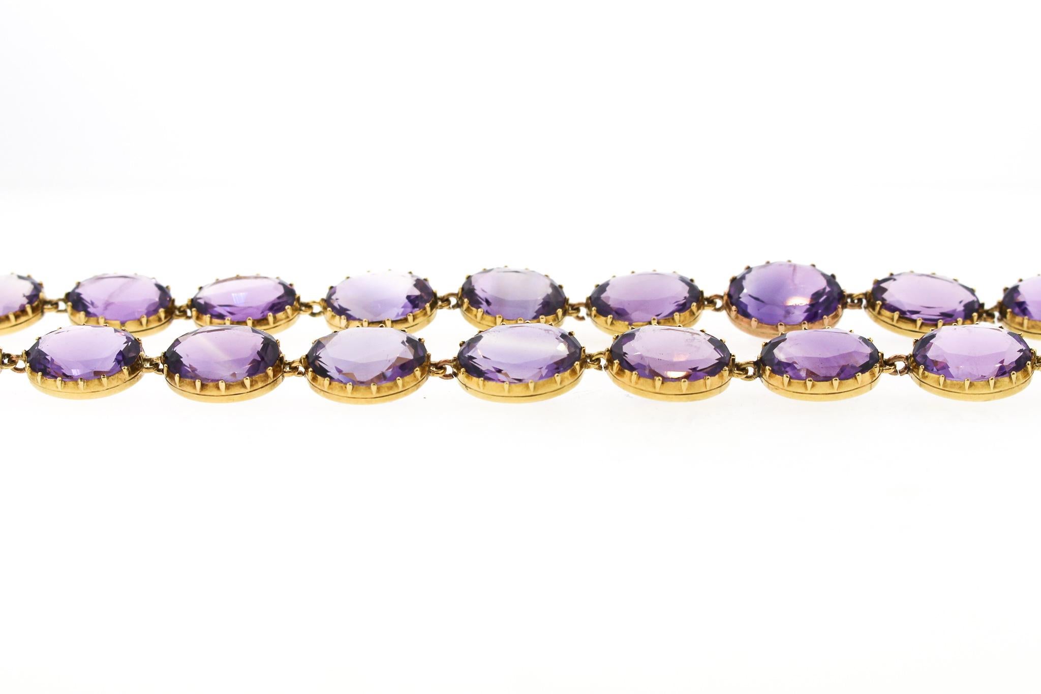 Women's or Men's Antique Victorian Pair of Collet Set of Oval Amethyst Bracelets