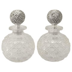 Antique Victorian Pair of Cut Glass and Sterling Silver Scent Bottles