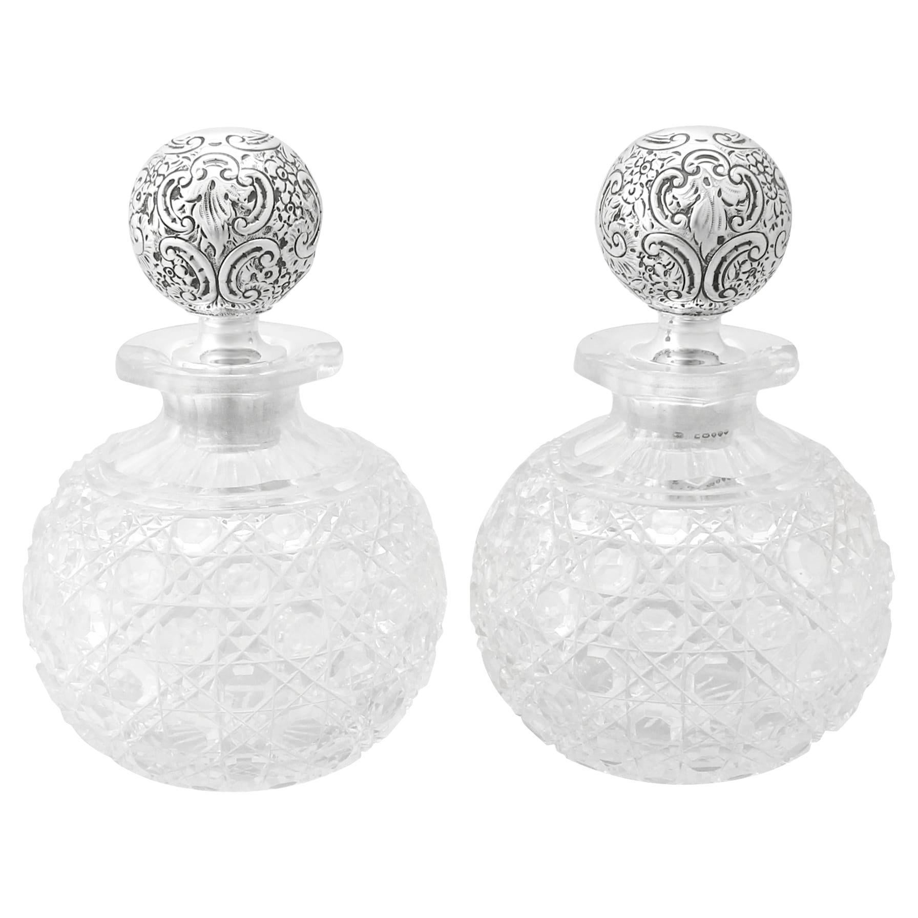 Victorian Pair of Cut Glass and Sterling Silver Scent Bottles