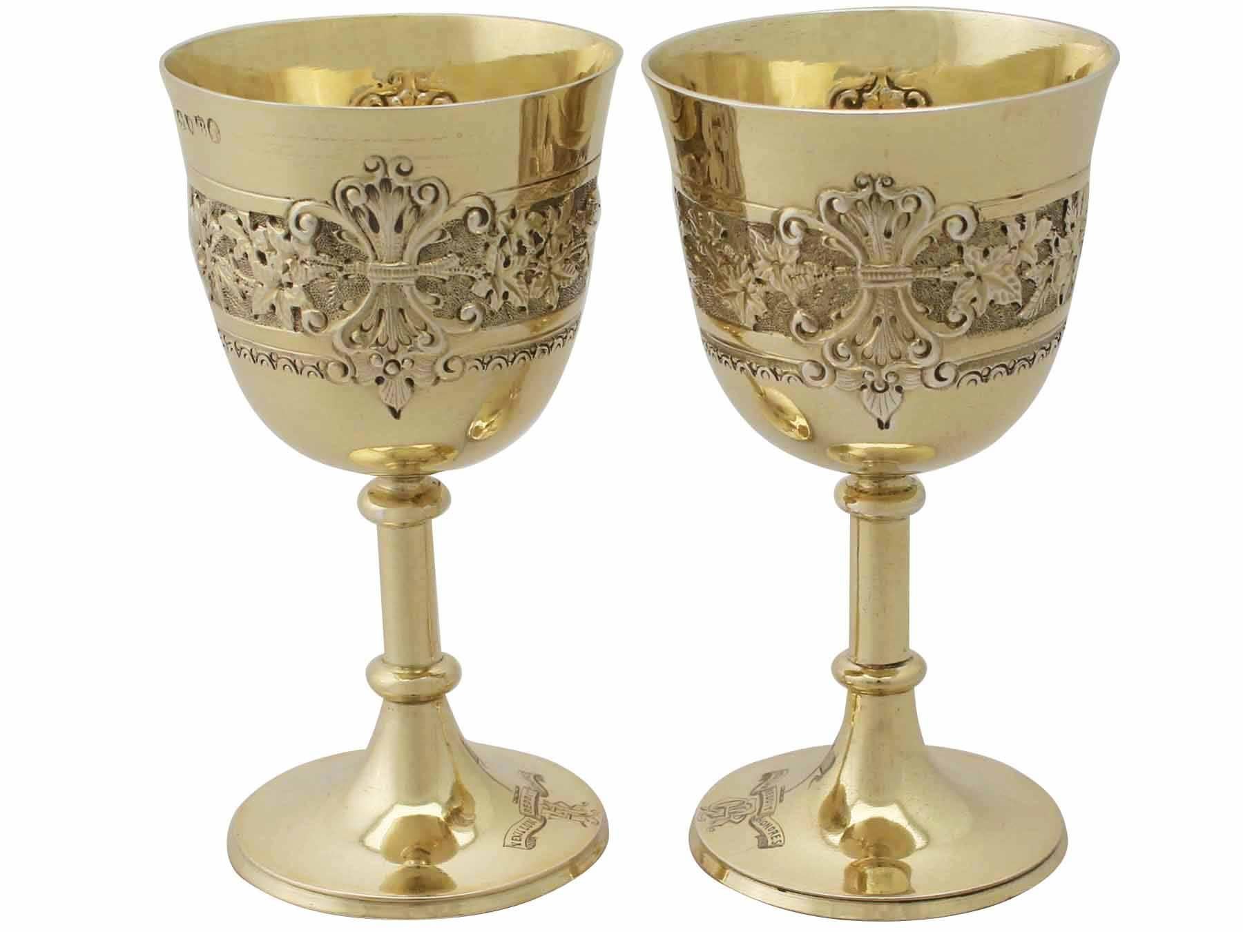 English Stephen Smith Antique Victorian Pair of Sterling Silver Gilt Goblets For Sale