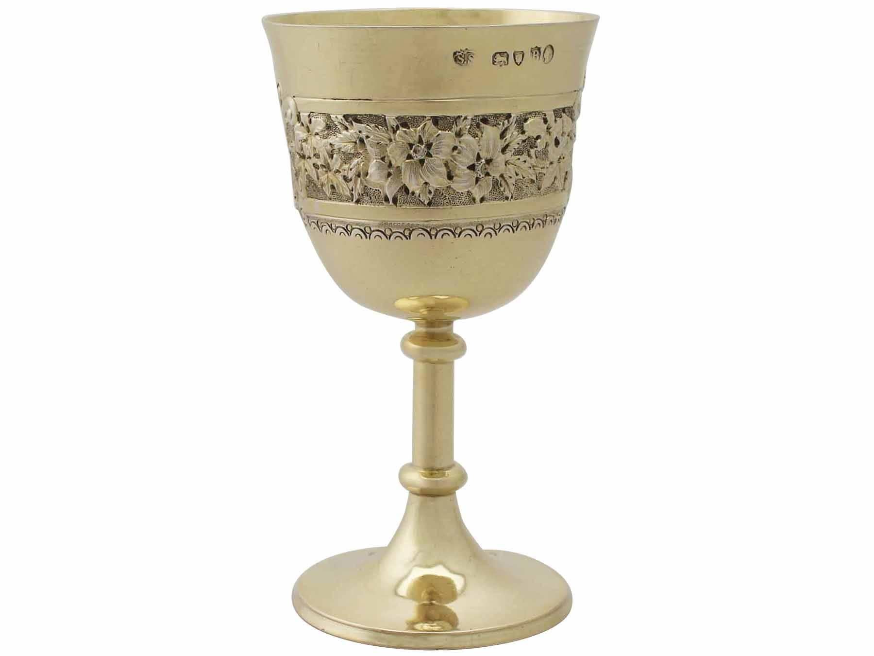 Late 19th Century Stephen Smith Antique Victorian Pair of Sterling Silver Gilt Goblets For Sale
