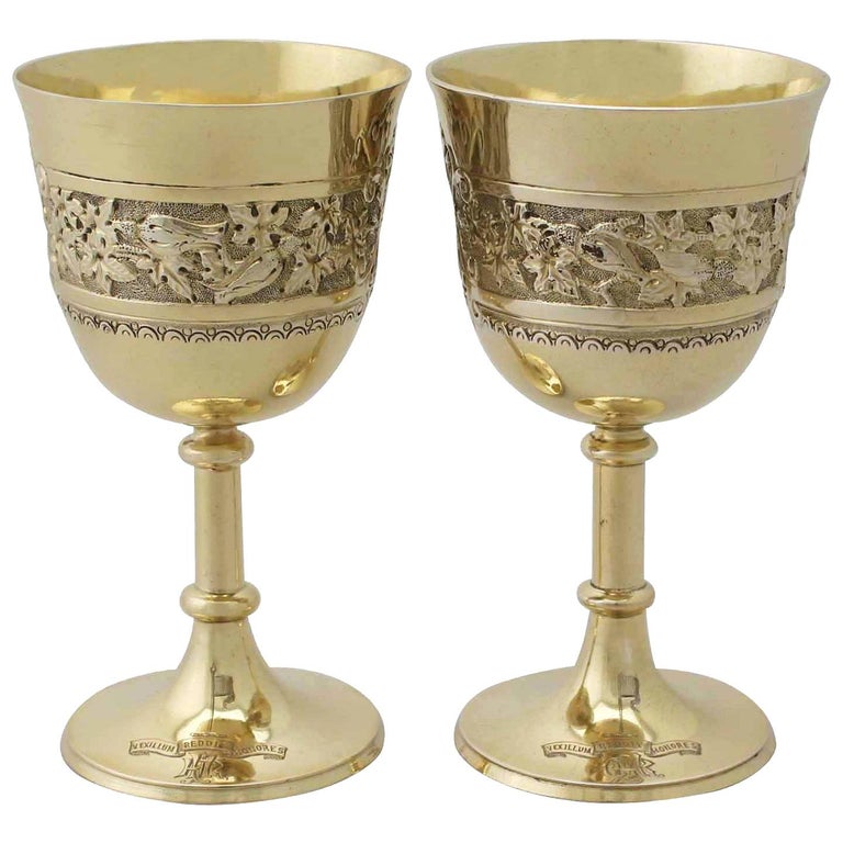 Antique Victorian Pair of Sterling Silver Gilt Goblets For Sale at 1stdibs