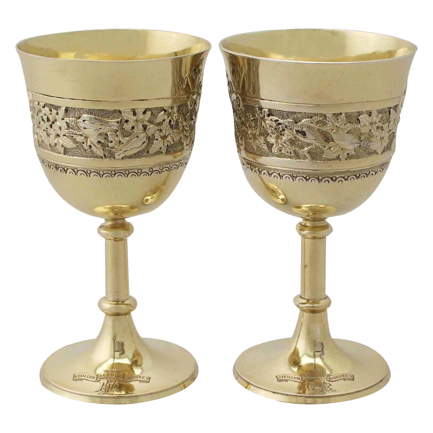 Stephen Smith Antique Victorian Pair of Sterling Silver Gilt Goblets