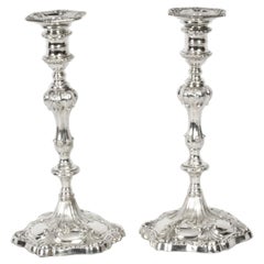 Antique Victorian Pair Rococo Silver Plated Candlesticks, Early 19th C