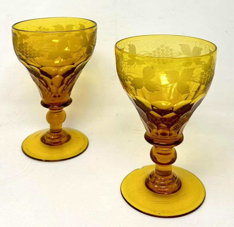 Highly impressive Pair of Moser style Bohemian Amber heavy gauge hand cut crystal and etched glass Wine or Water Drinking Goblets Glasses of museum quality, third quarter of the Nineteenth Century, possibly earlier. 

Condition: Superb condition