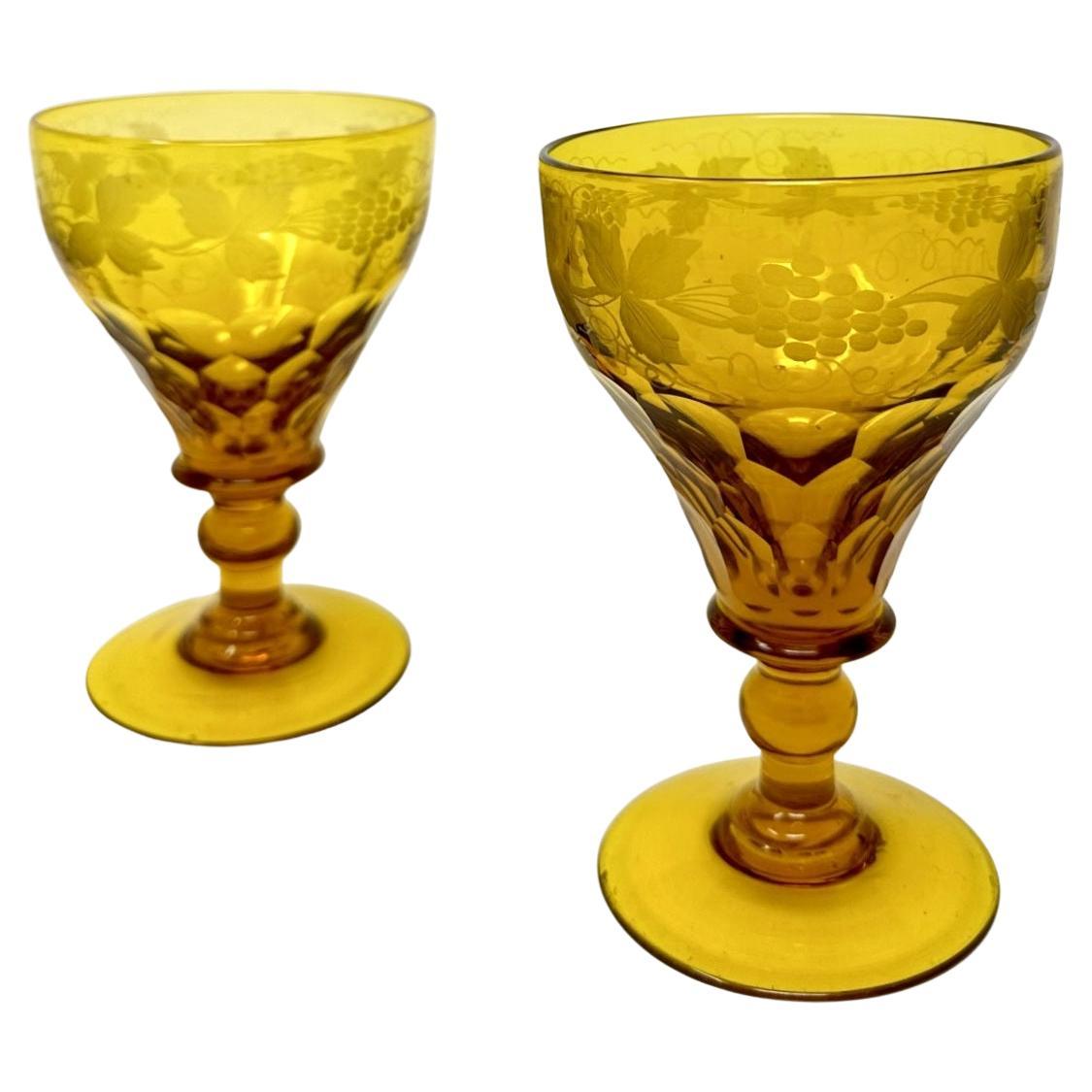 Antique Victorian Pair Wine or Water Drinking Glasses Bohemian Hand Cut Crystal For Sale