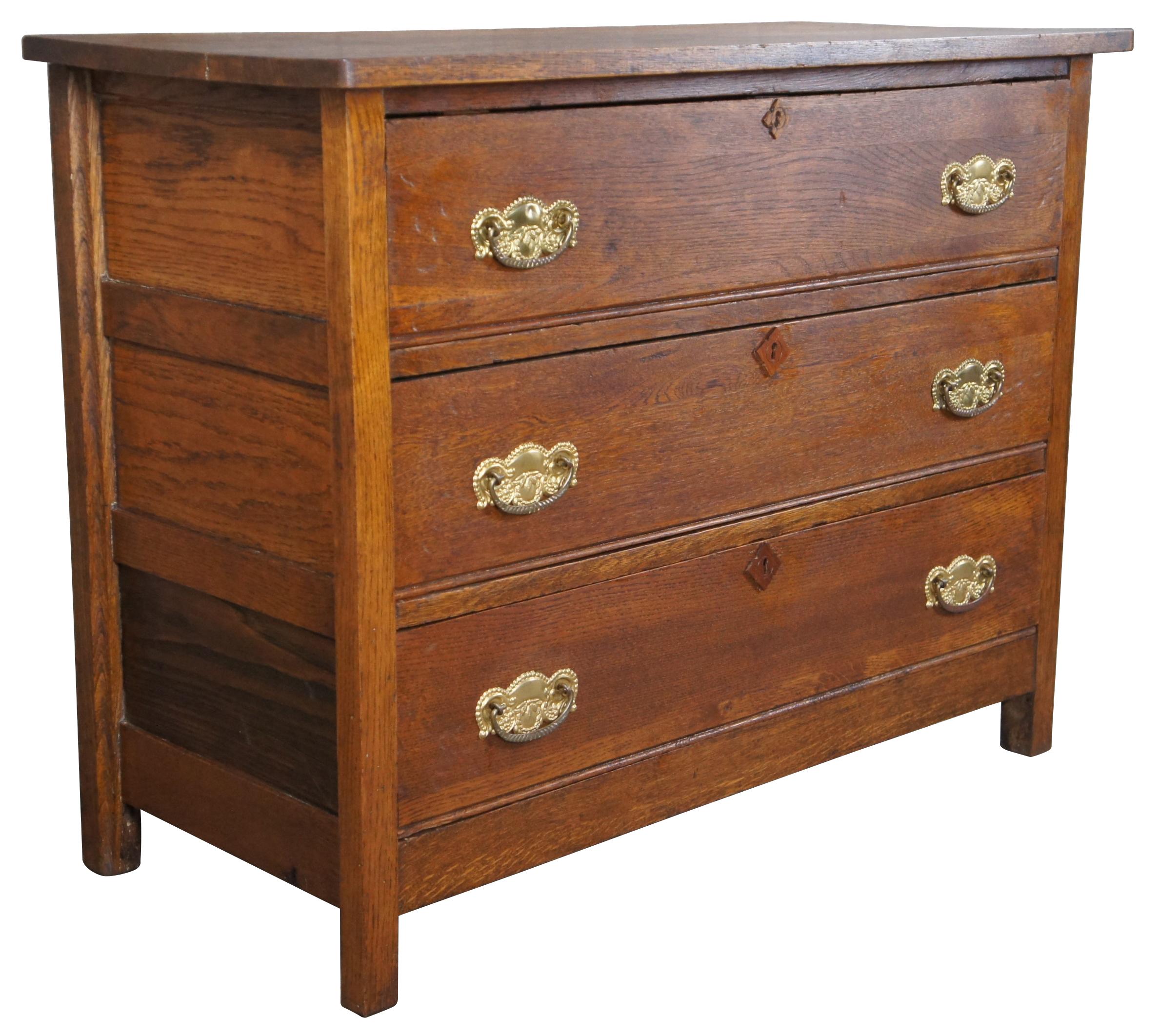 American Antique Victorian Paneled Oak 3 Drawer Dresser Chest of Drawers Console