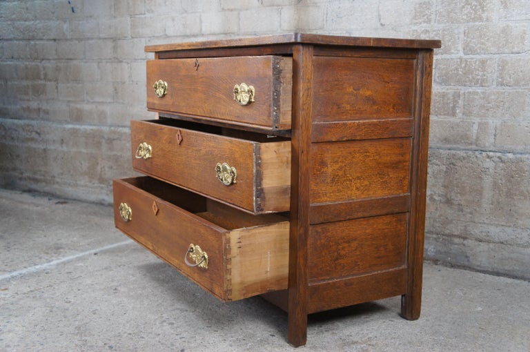Antique Victorian Paneled Oak 3 Drawer Dresser Chest of Drawers Console