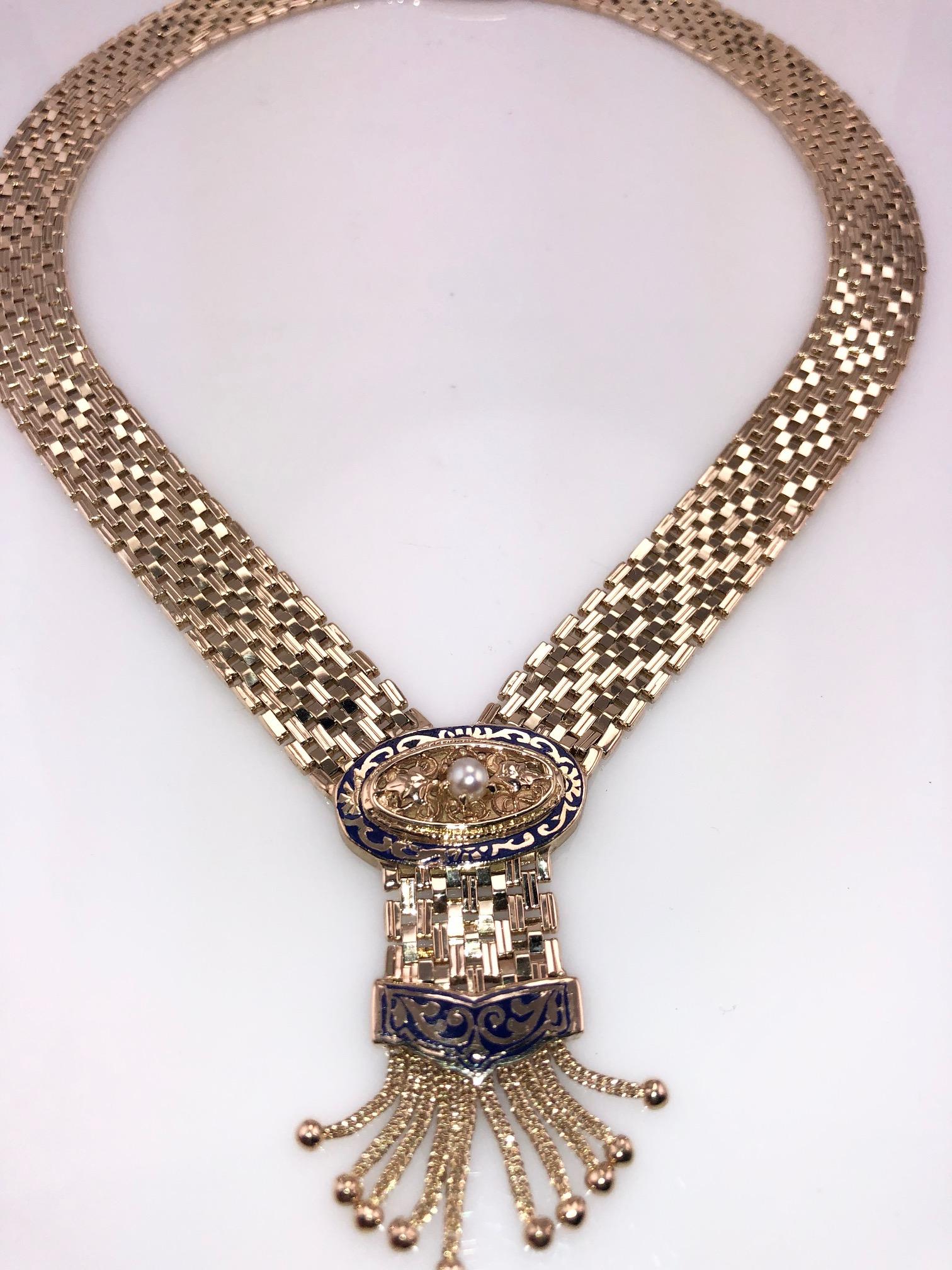 Antique Victorian Panther Link Pearl Enamel Necklace 14 Karat Gold 79.60 Grams For Sale 4