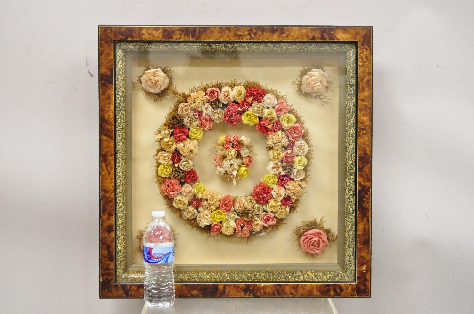 Antique Victorian Paper Mache Flower Mourning Wreath Shadow Box Frame Oddity For Sale 2
