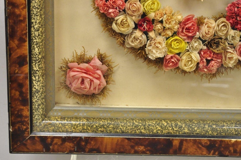 Antique Victorian Paper Mache Flower Mourning Wreath Shadow Box Frame