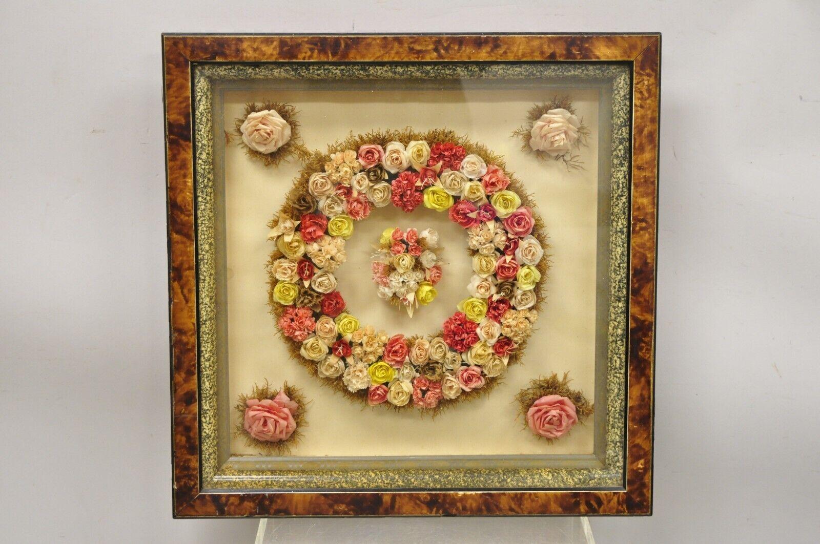 Antique Victorian paper mache flower mourning wreath shadow box frame Oddity. Item features an ornate paper mache colorful flower arrangement, burlwood frame, glass front, very nice antique item. Circa 19th century. Measurements: 23.5