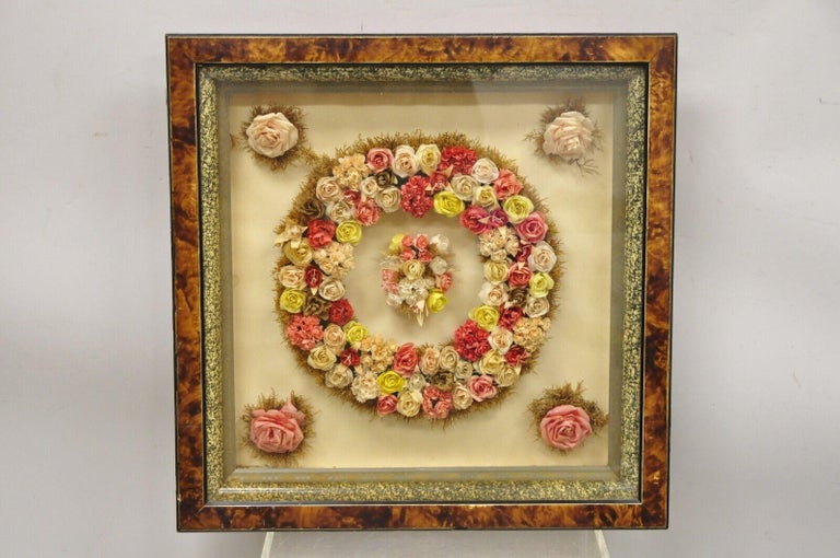 Antique Victorian Paper Mache Flower Mourning Wreath Shadow Box Frame Oddity For Sale at 1stDibs